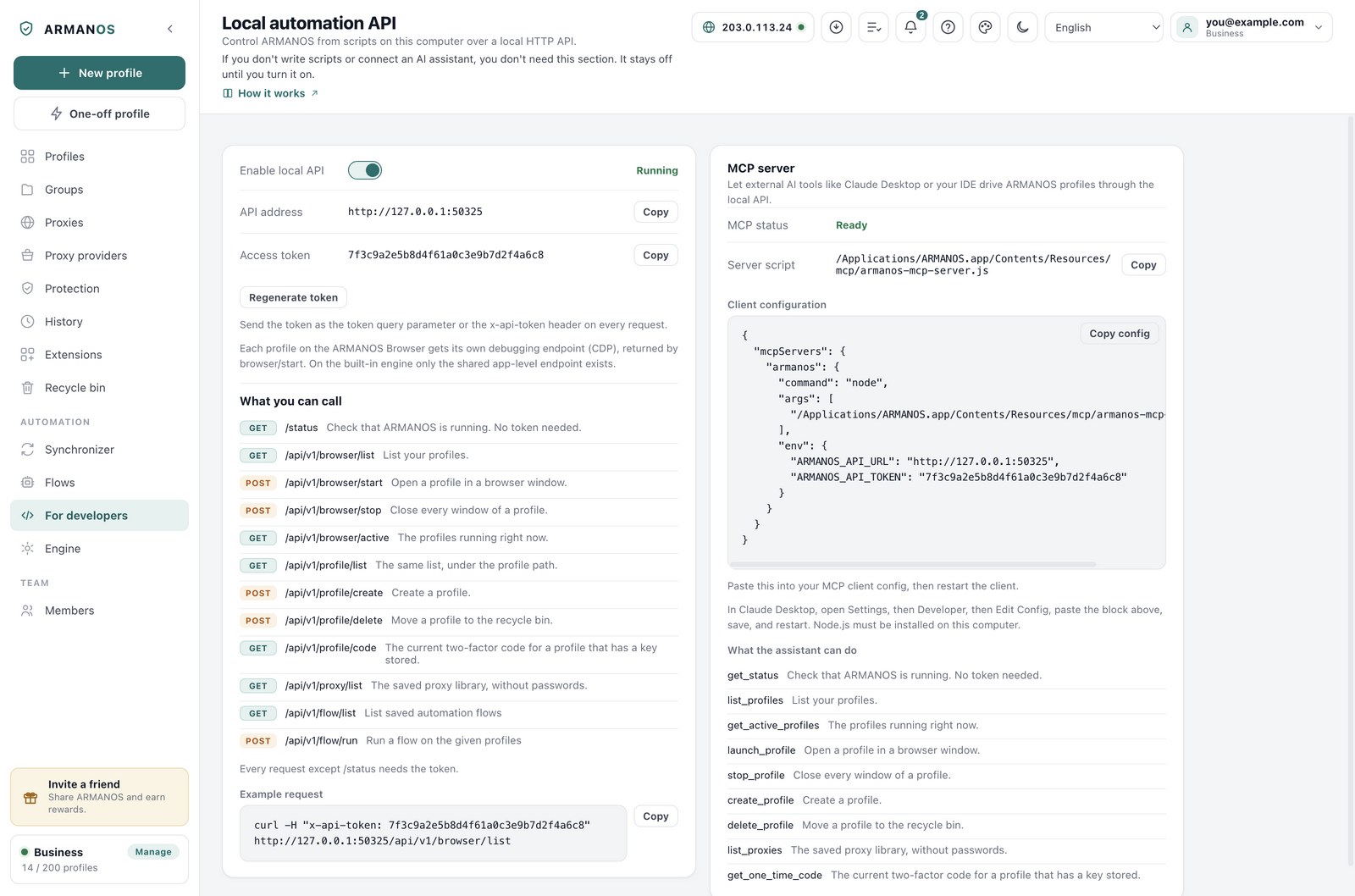The For developers screen in ARMANOS: the API address, the access token and the MCP server status