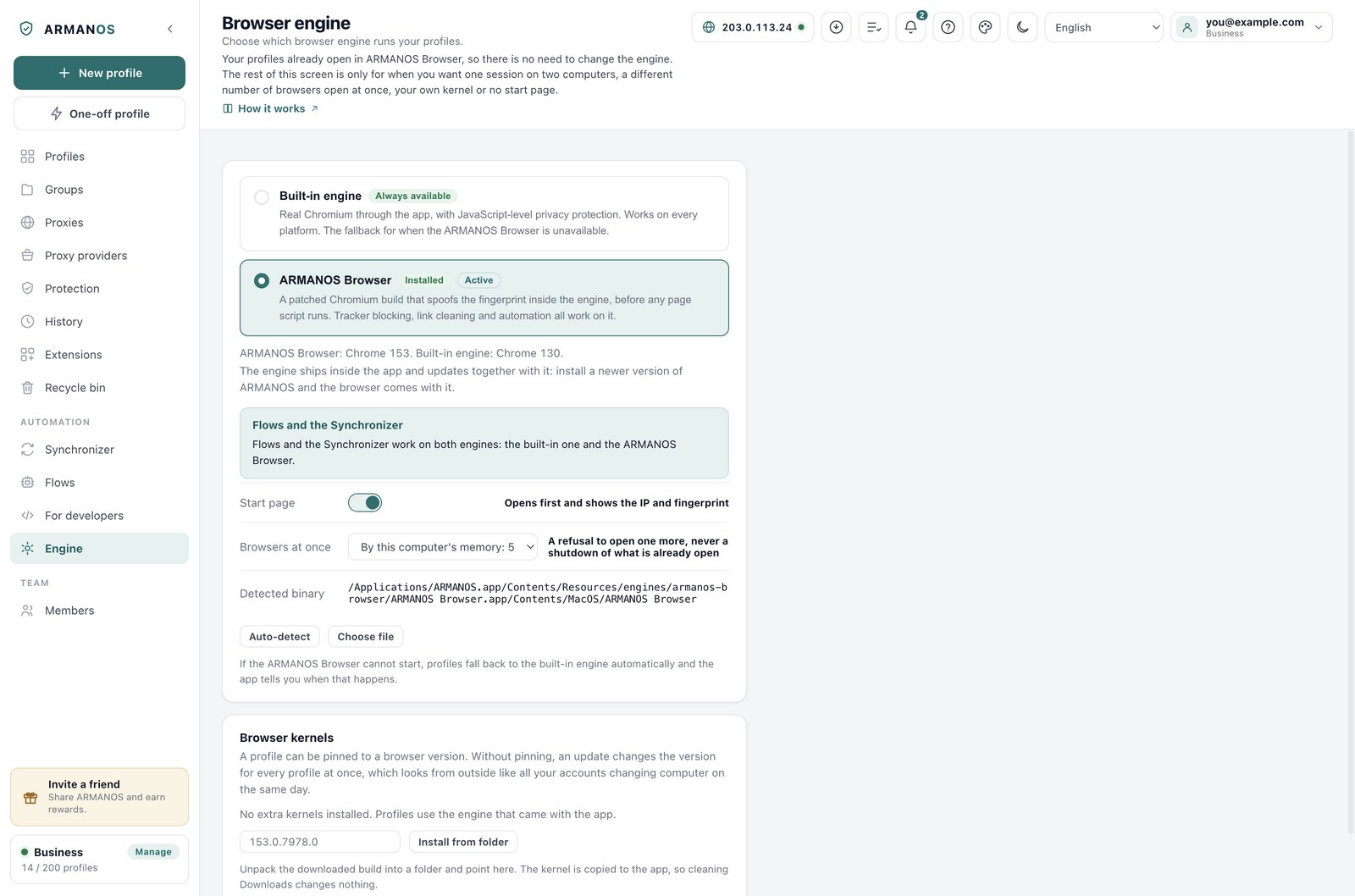 ARMANOS engine settings with ARMANOS Browser selected as the active engine