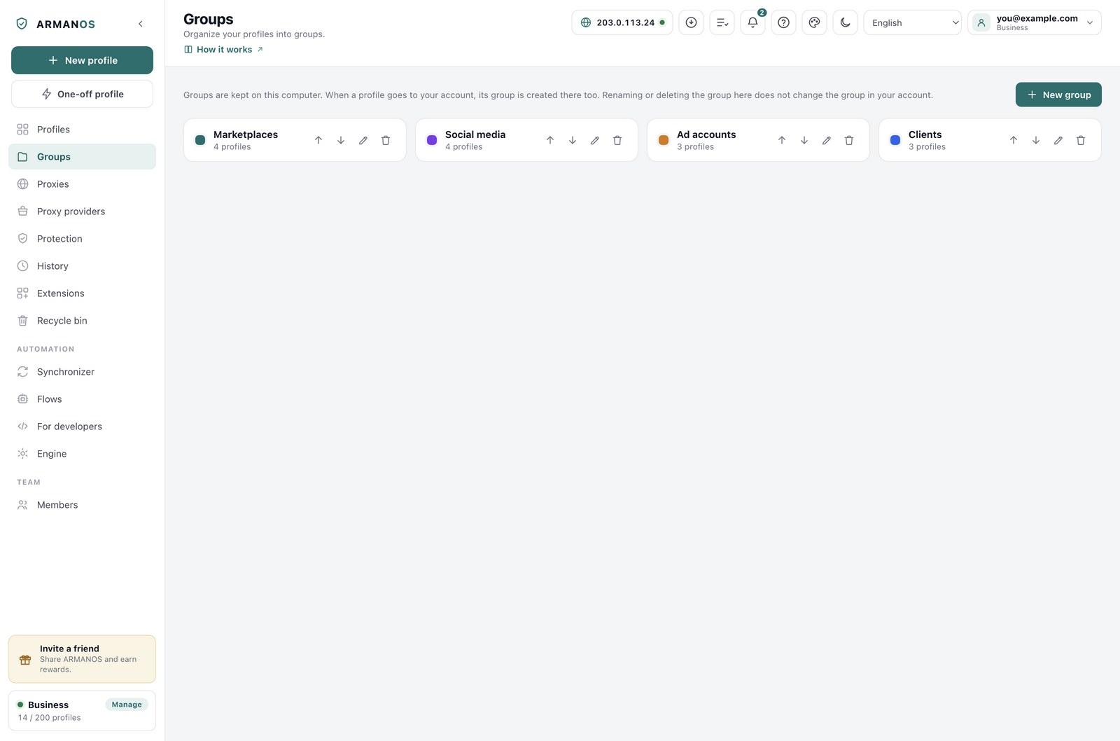 The Groups screen in the desktop app, with profile groups listed and a control to create a new one.