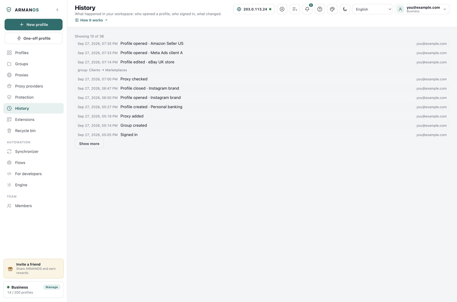 The History screen in ARMANOS: events with their date and time, the event name and the email of the person on the right