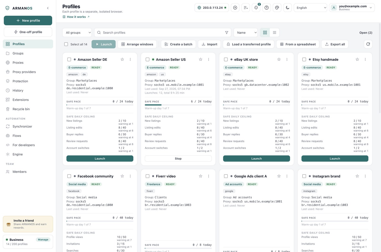 ARMANOS profiles screen with profile cards grouped by marketplace, social media and ad accounts