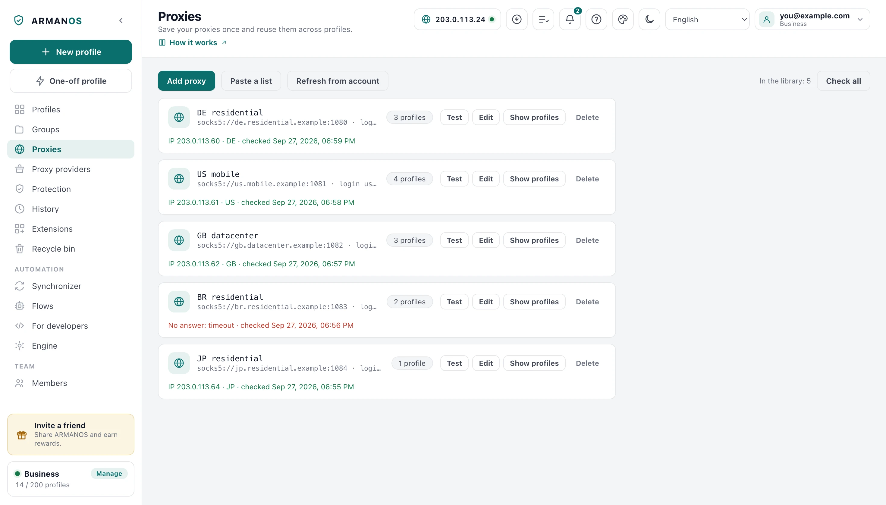 The ARMANOS proxy library: one row per saved address with its protocol, login and last check result