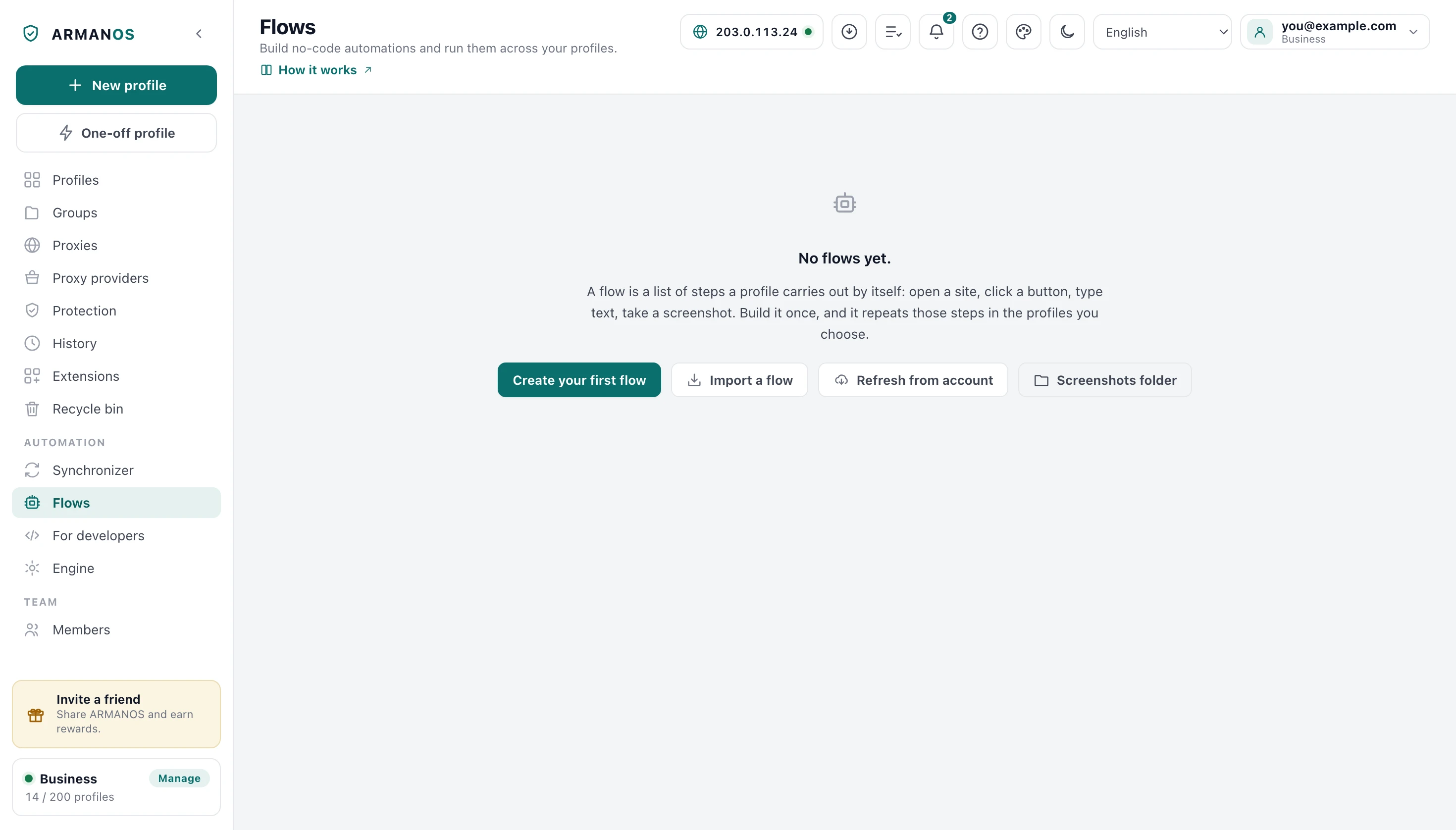 The Flows screen with no flow yet and the button that creates the first one.