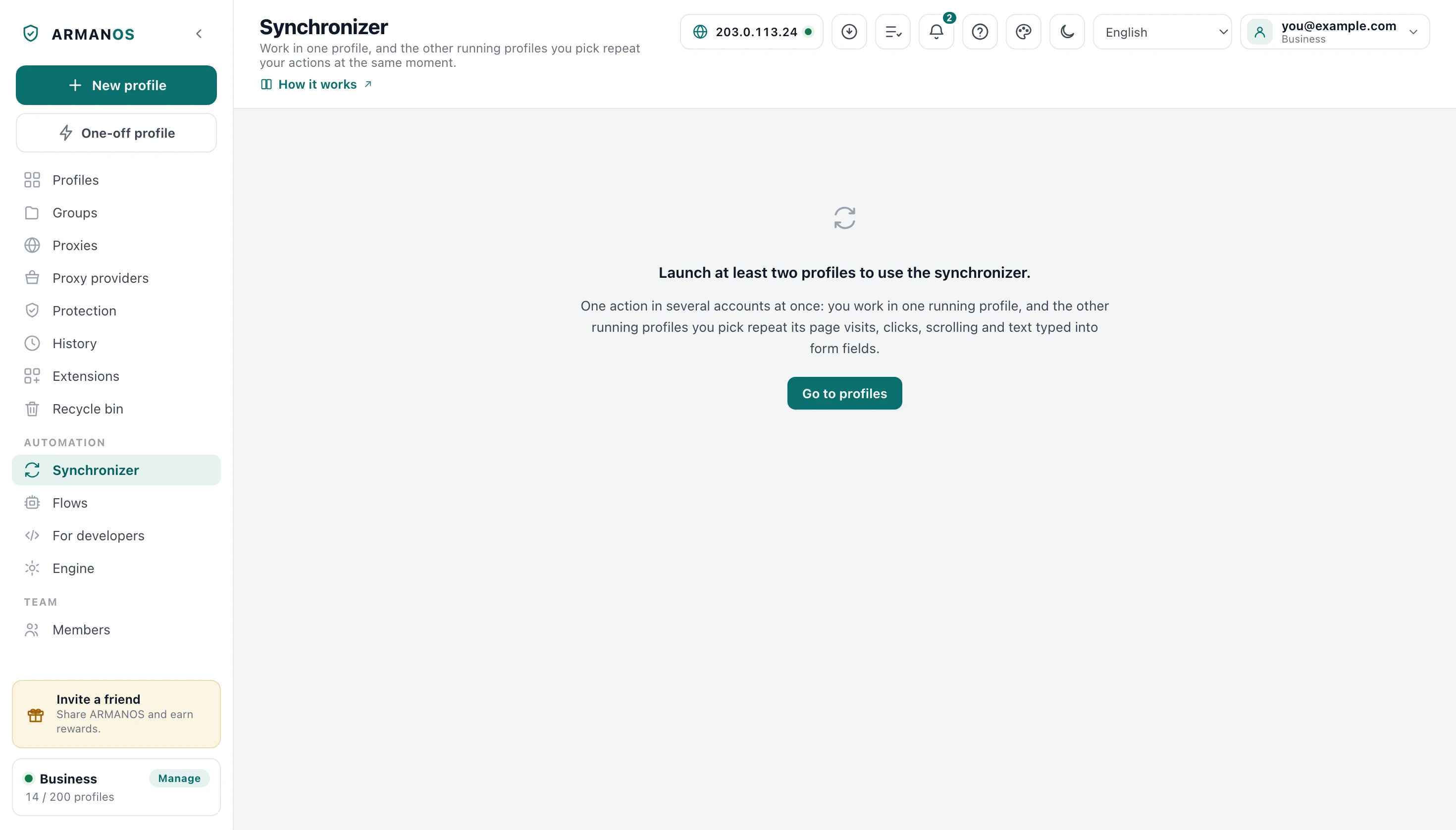 The Synchronizer screen with no profiles running