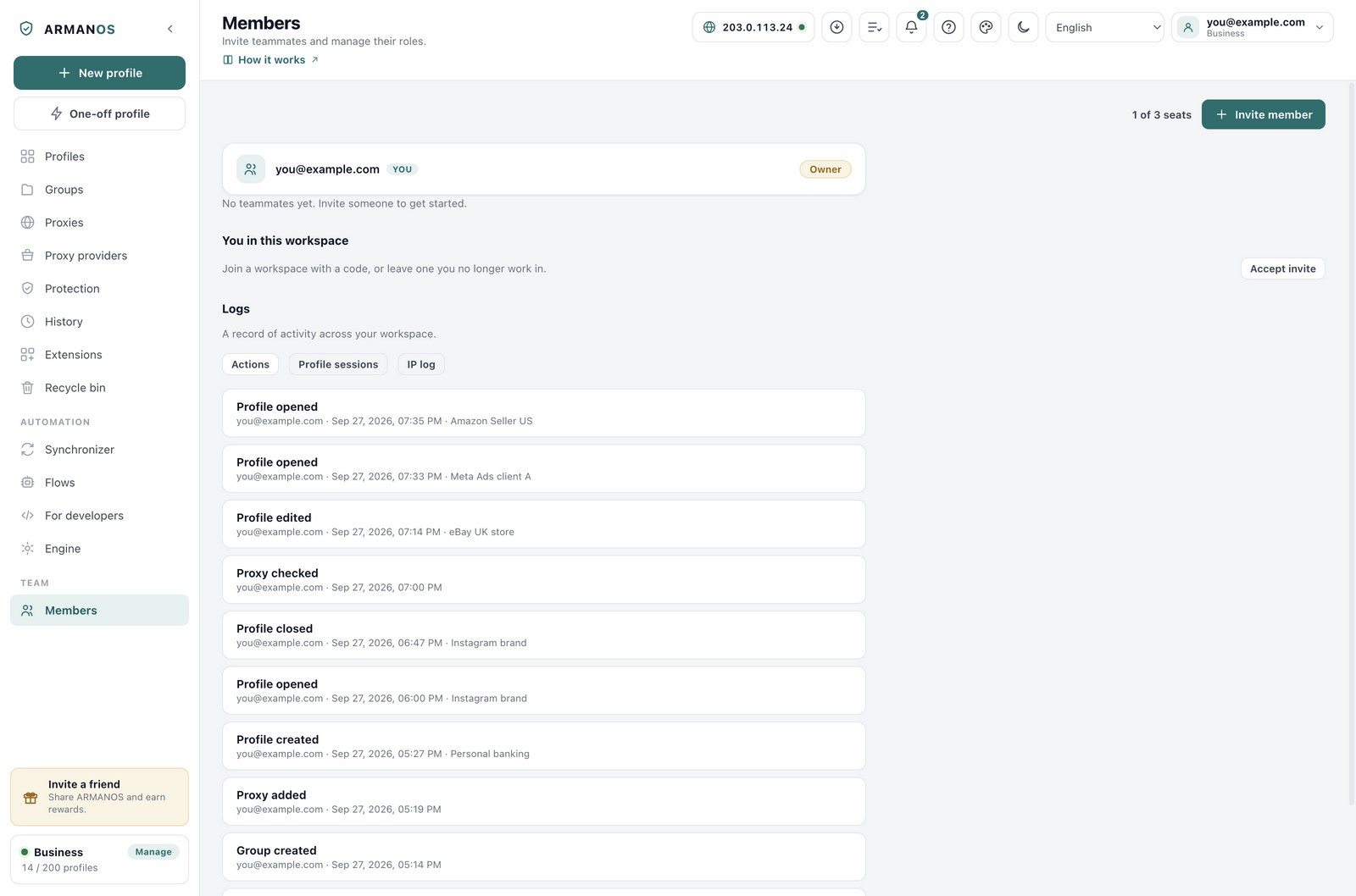 The Members screen in the desktop app: the owner's row with the email, the seat counter, the Invite member button and the Logs section.